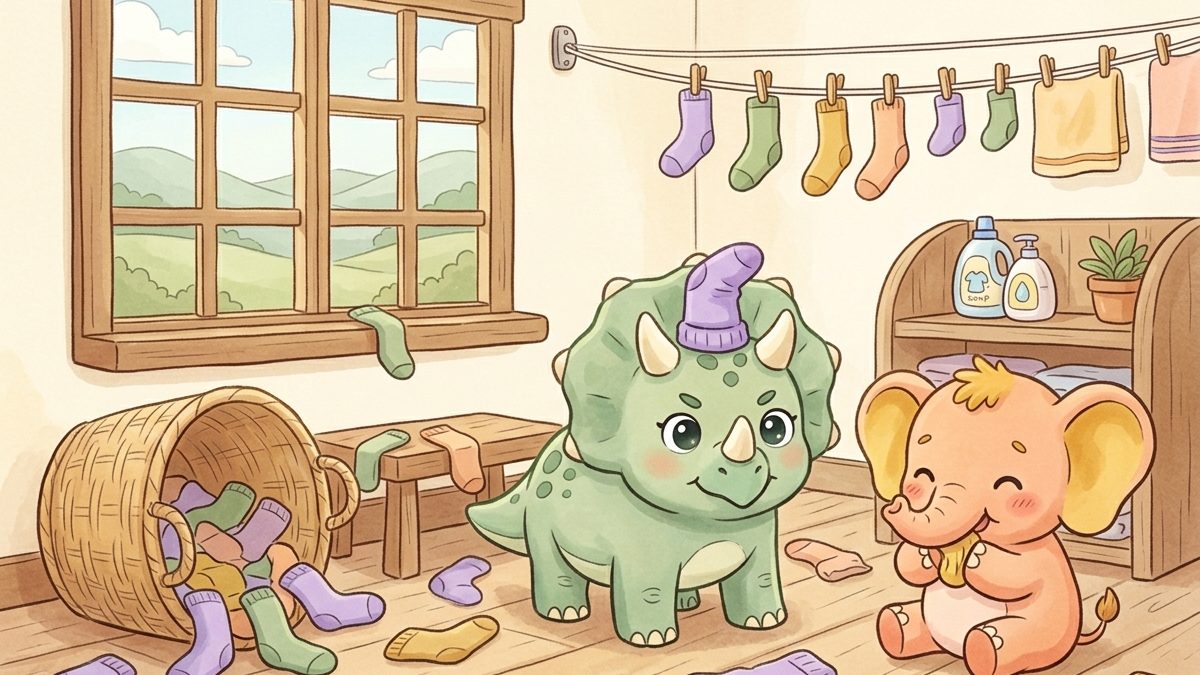 Tara the triceratops and Momo the baby elephant on laundry day